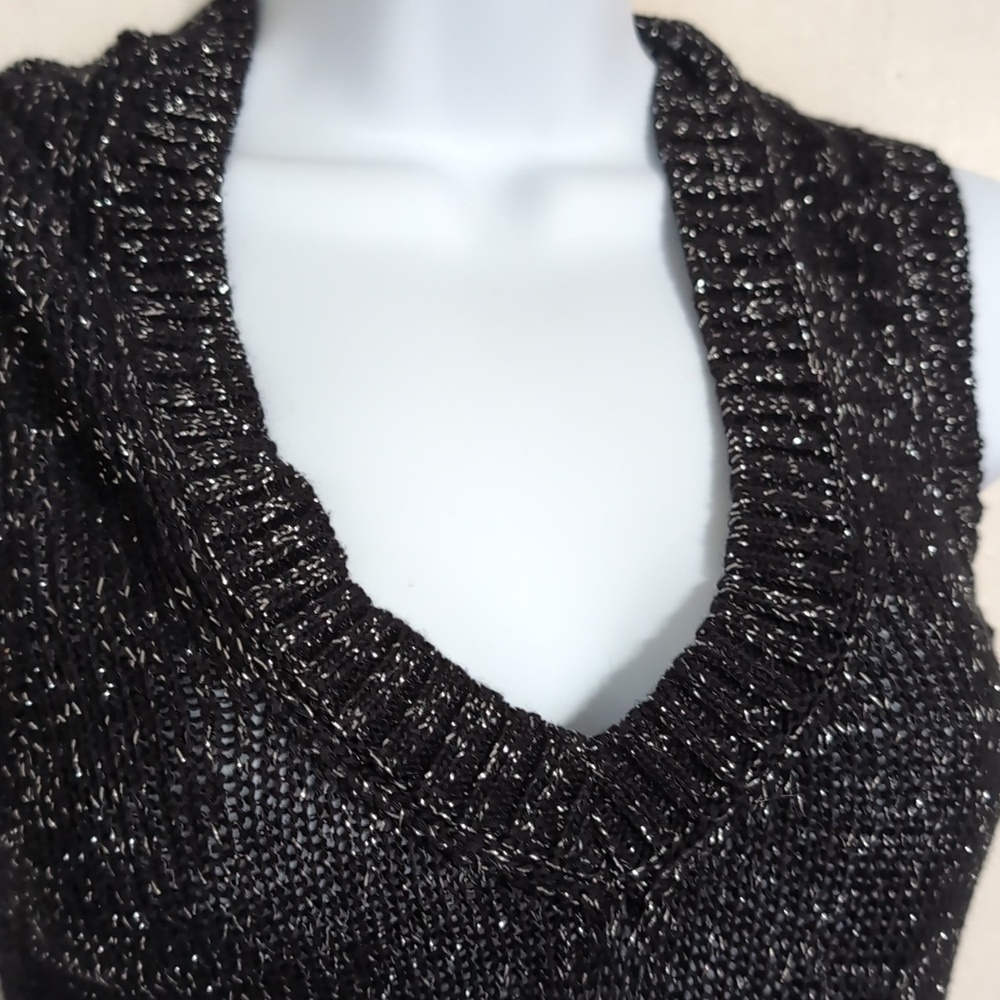 Black Silver Metallic Knit Dress with Pompom Front Vneck Size Medium - Picture 2 of 6